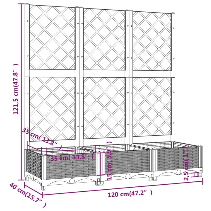 vidaXL FEKETE polipropilén rácsos kerti ültetőláda 120 x 40 x 121,5 cm - Image 4