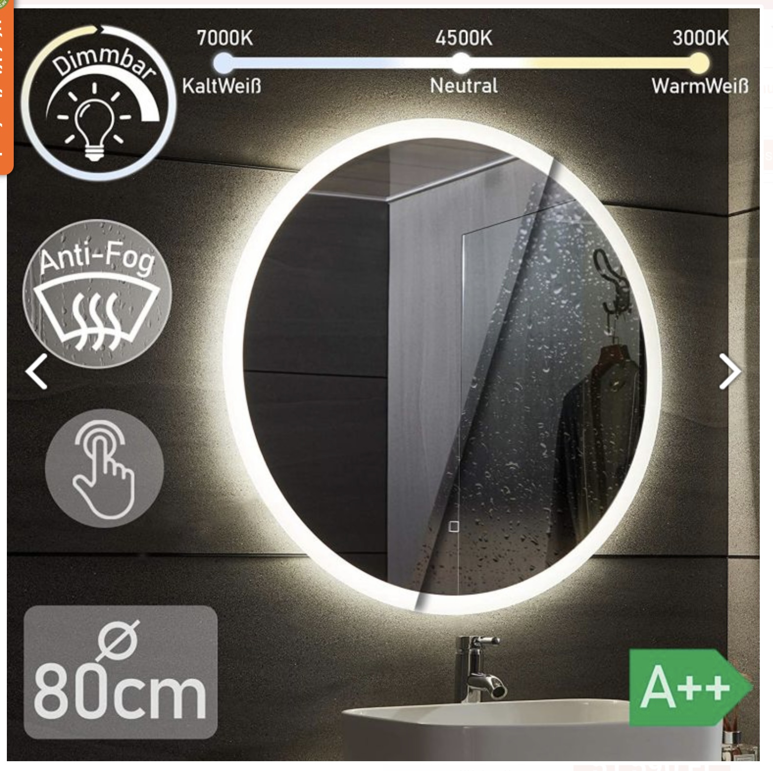 AQUAMARIN FÜRDŐSZOBATÜKÖR LED, PÁRAMENTESÍTŐ, ÉRINTŐKAPCSOLÓS  FUNKCIÓVAL, KÖR 80 CM - Image 3