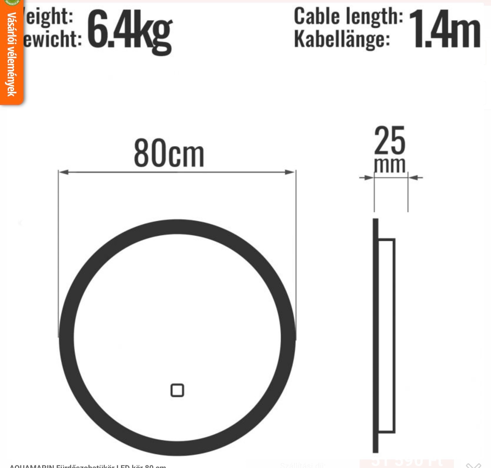 AQUAMARIN FÜRDŐSZOBATÜKÖR LED, PÁRAMENTESÍTŐ, ÉRINTŐKAPCSOLÓS  FUNKCIÓVAL, KÖR 80 CM - Image 4