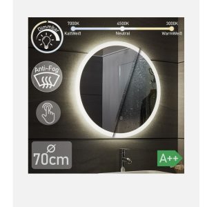 Aquamarin® LED fürdőszobatükör – Ø 70 cm, kerek, páramentes, érintőkapcsolós