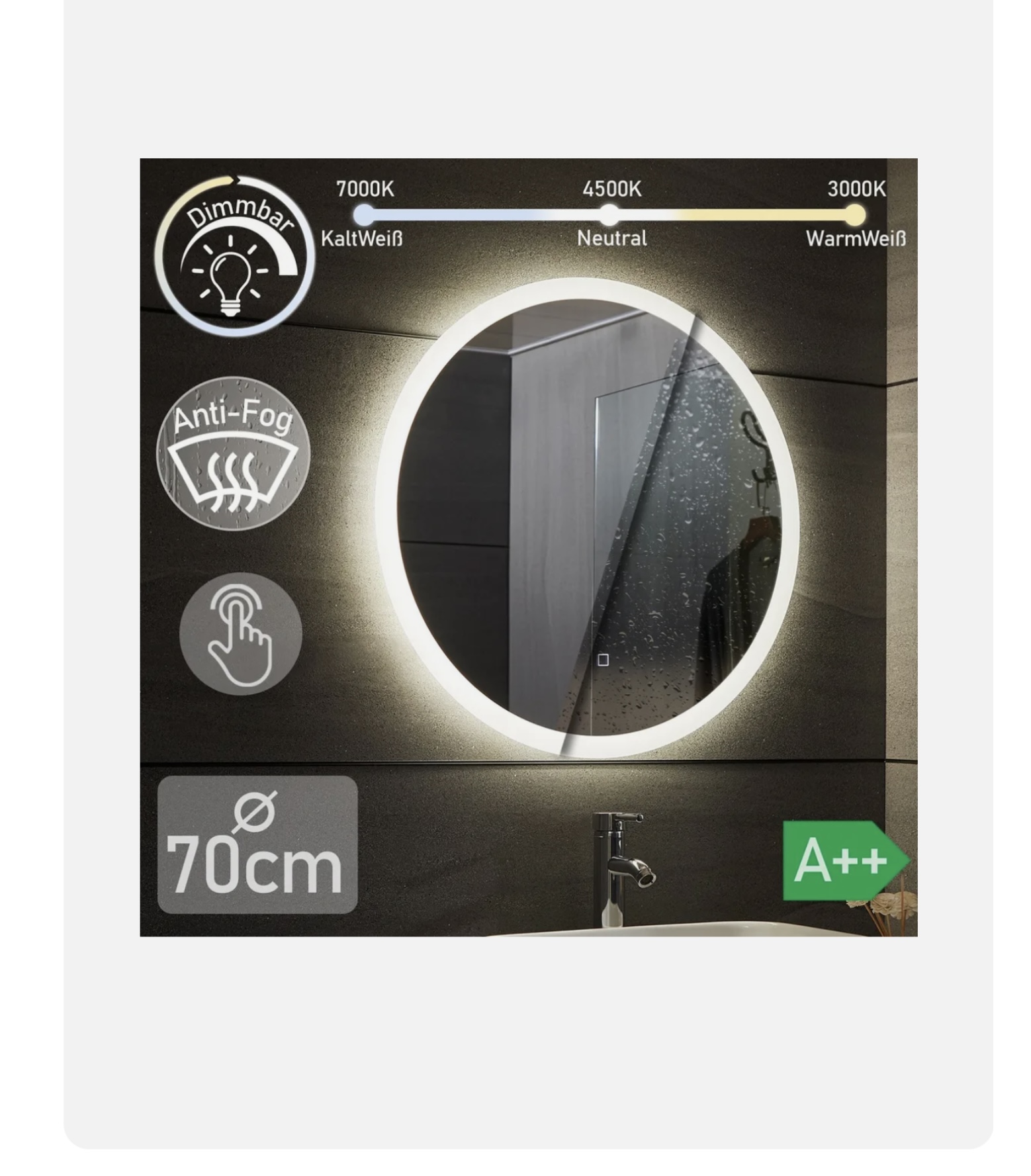 Aquamarin® LED fürdőszobatükör – Ø 70 cm, kerek, páramentes, érintőkapcsolós