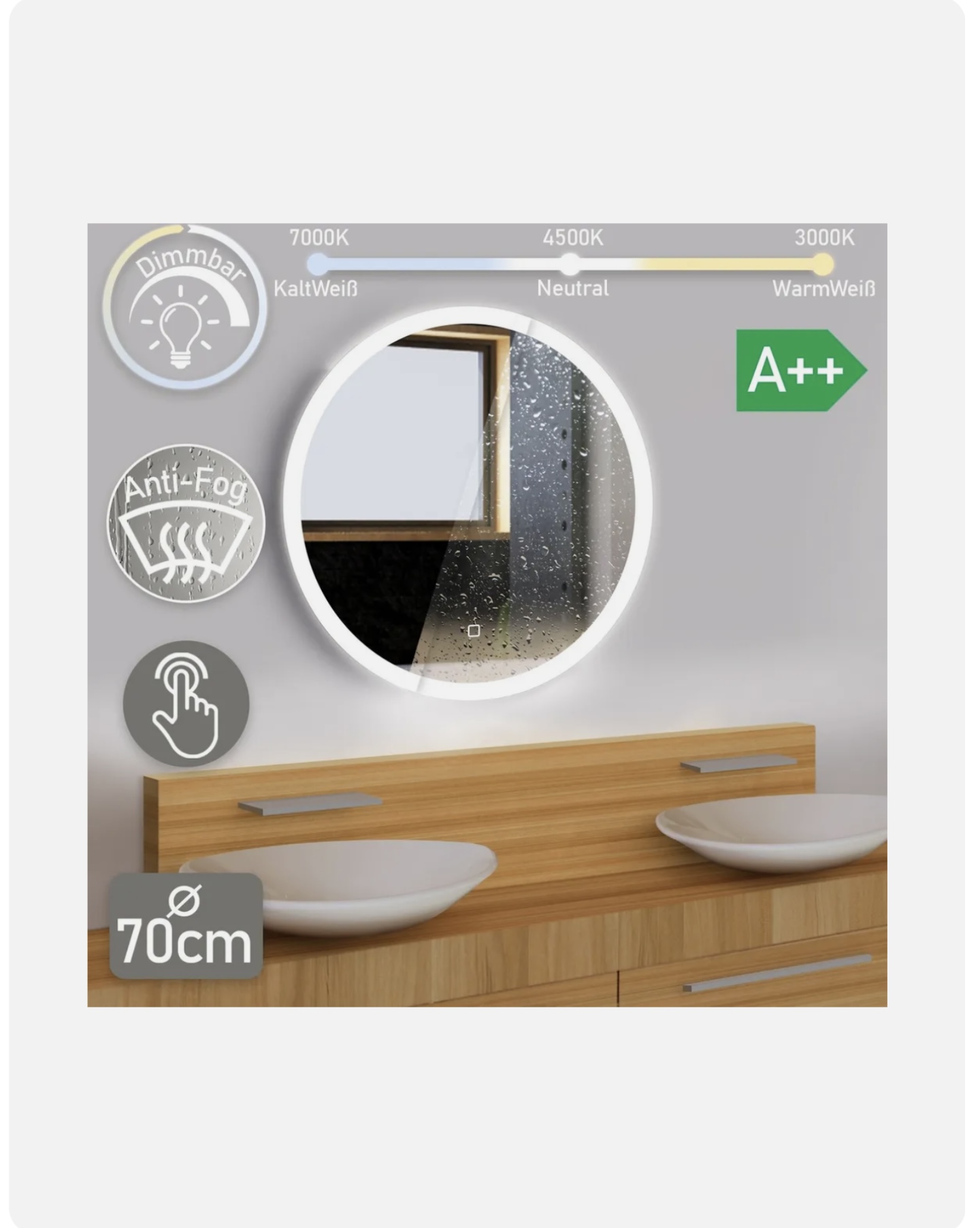 Aquamarin® LED fürdőszobatükör – Ø 70 cm, kerek, páramentes, érintőkapcsolós - Image 2