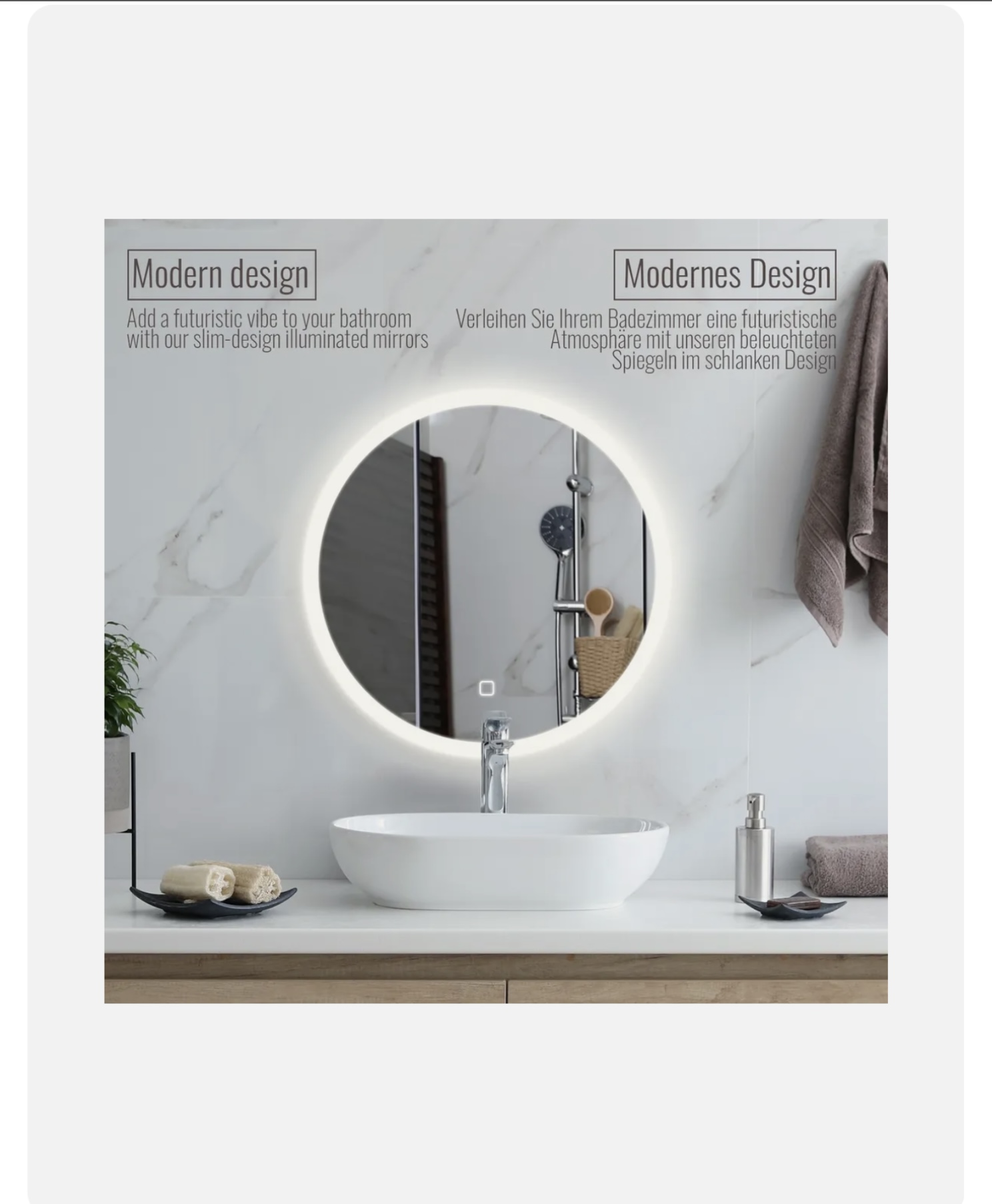 Aquamarin® LED fürdőszobatükör – Ø 70 cm, kerek, páramentes, érintőkapcsolós - Image 3