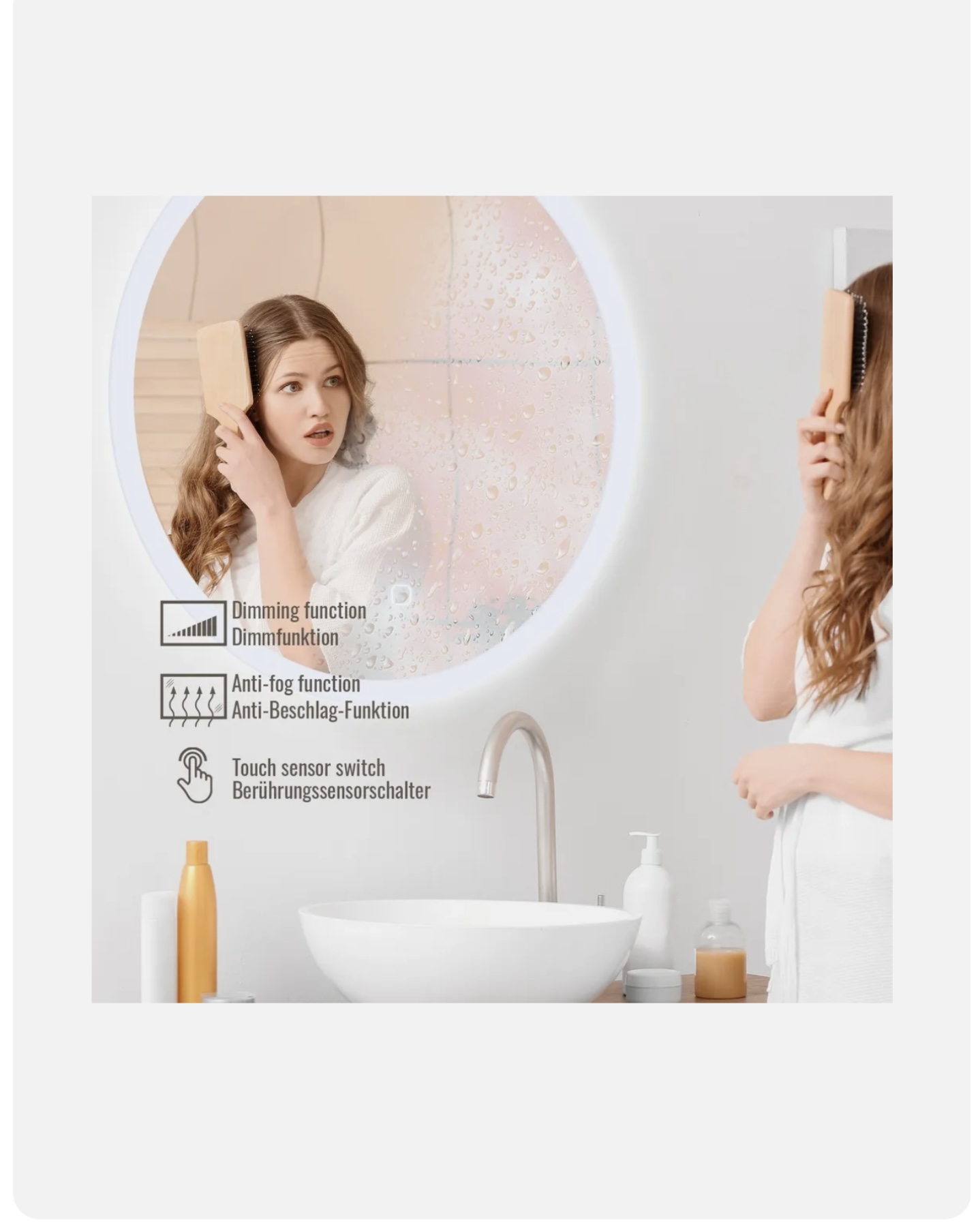 Aquamarin® LED fürdőszobatükör – Ø 70 cm, kerek, páramentes, érintőkapcsolós - Image 4
