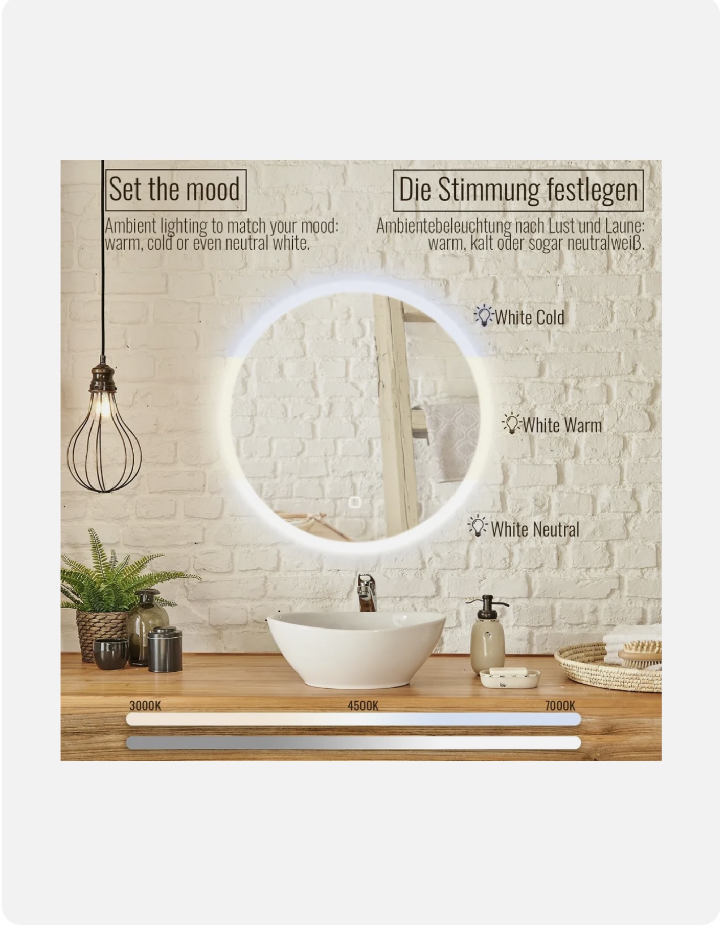Aquamarin® LED fürdőszobatükör – Ø 70 cm, kerek, páramentes, érintőkapcsolós - Image 5