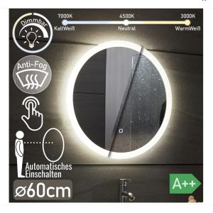 Aquamarin® LED kör alakú fürdőszobatükör – Ø 60 cm, érintőpanel, dimmelhető, páramentes
