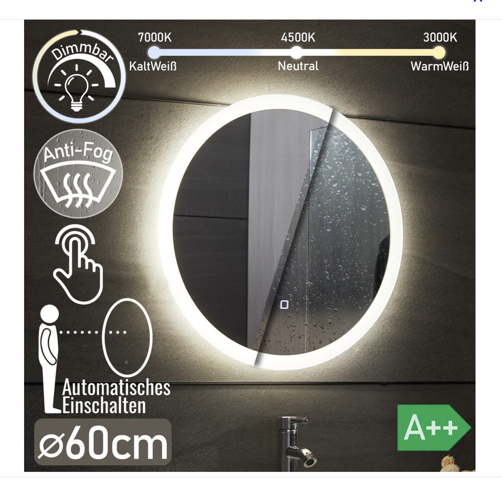 Aquamarin® LED kör alakú fürdőszobatükör – Ø 60 cm, érintőpanel, dimmelhető, páramentes