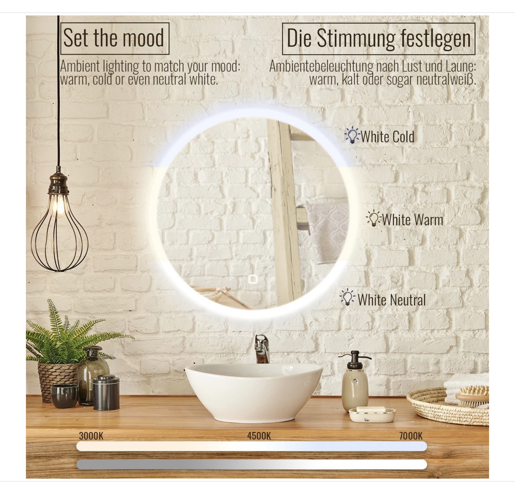 Aquamarin® LED kör alakú fürdőszobatükör – Ø 60 cm, érintőpanel, dimmelhető, páramentes - Image 2