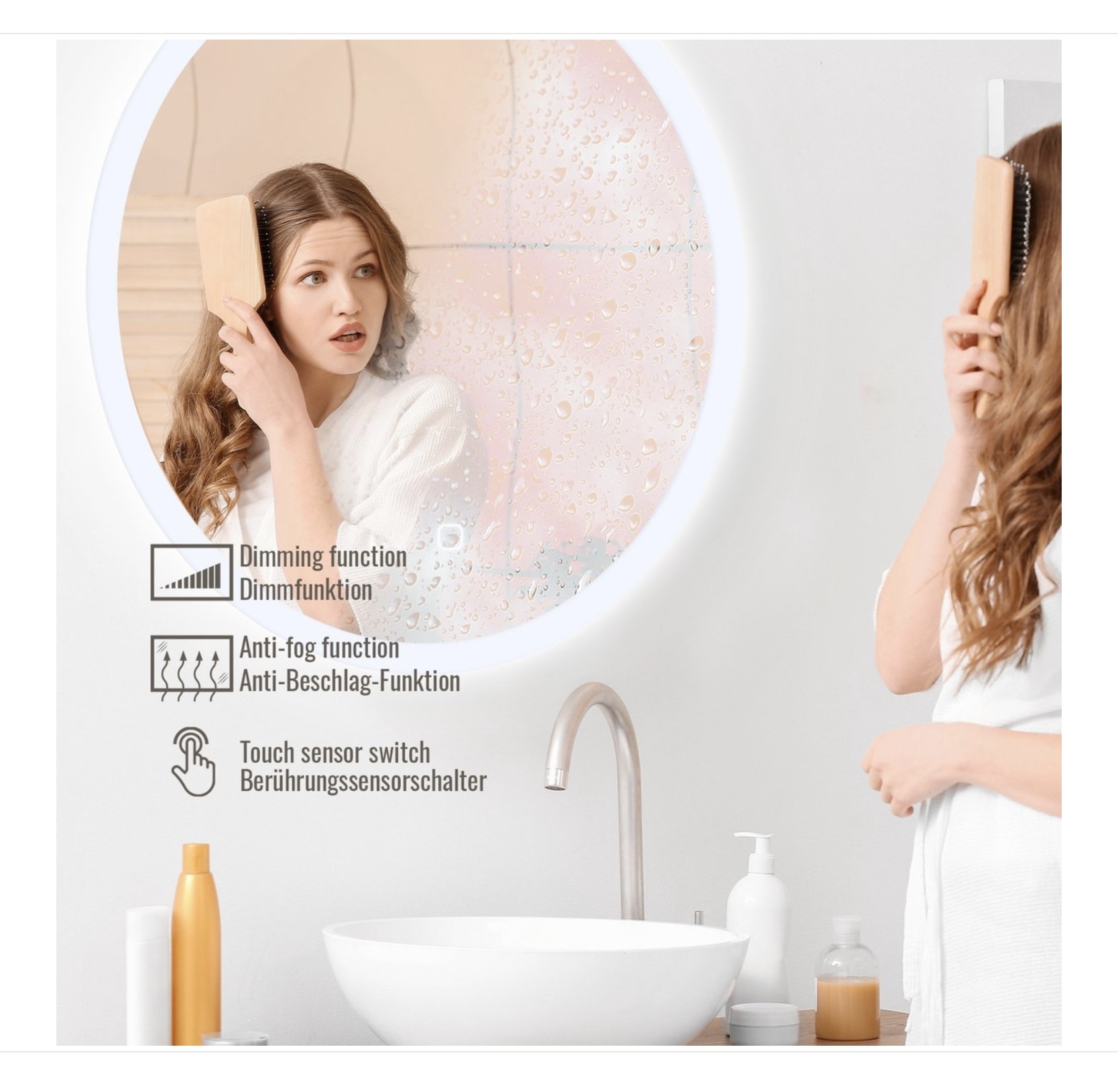 Aquamarin® LED kör alakú fürdőszobatükör – Ø 60 cm, érintőpanel, dimmelhető, páramentes - Image 3
