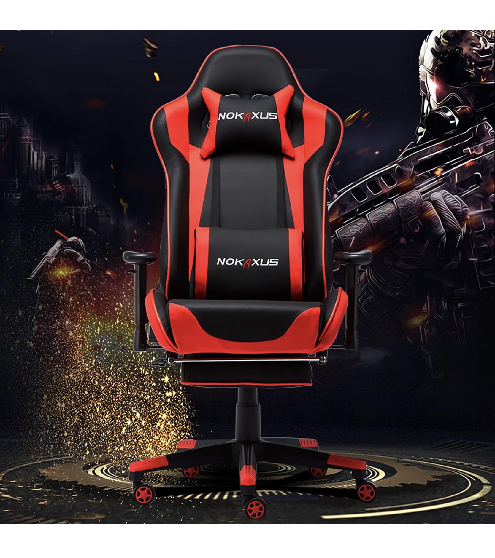 Nokaxus Piros Masszírozós Gamer- és Irodai Szék – Ergonomikus,  Behúzható Lábtartó Funkcióval - Image 2