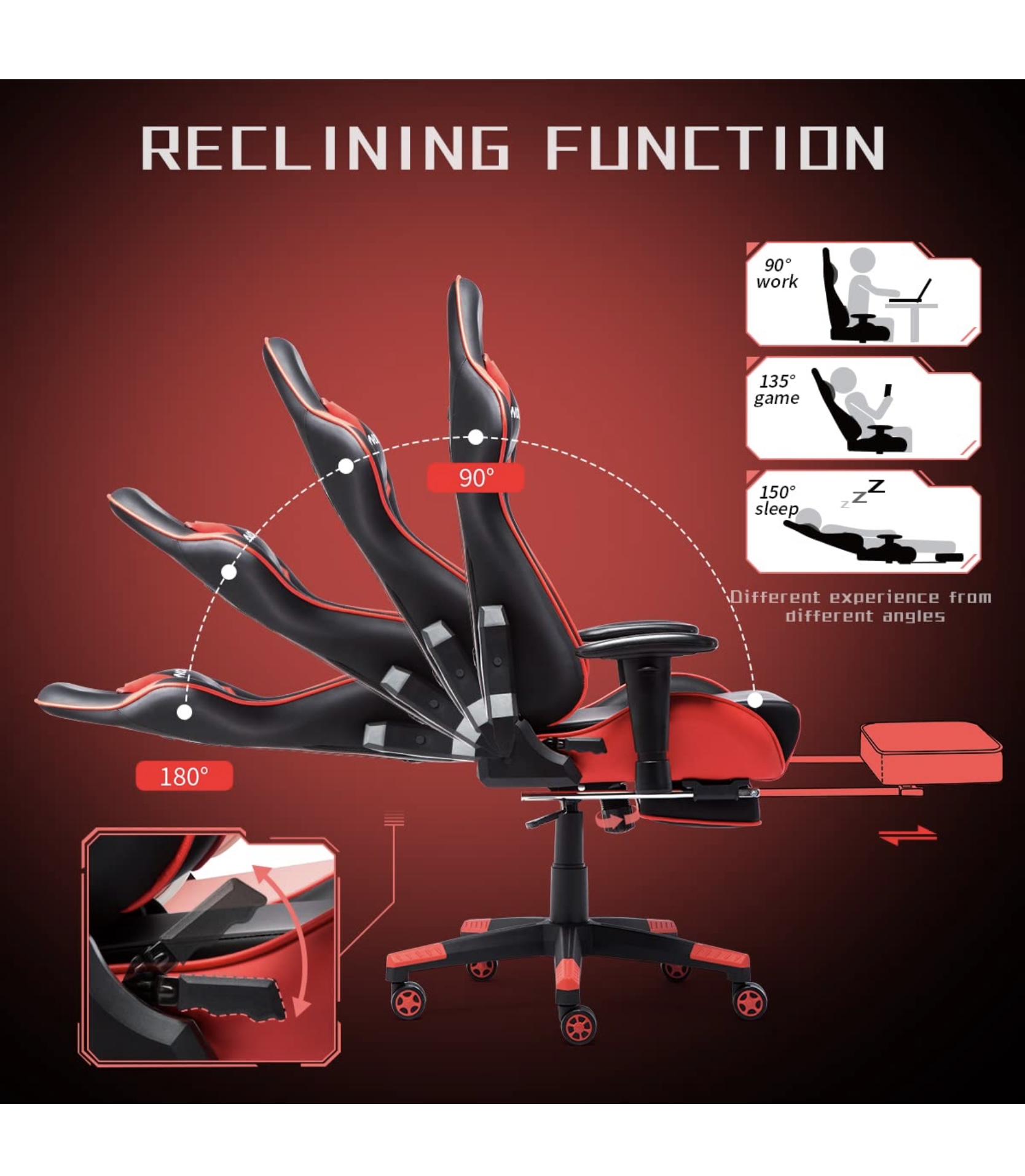Nokaxus Piros Masszírozós Gamer- és Irodai Szék – Ergonomikus,  Behúzható Lábtartó Funkcióval - Image 3