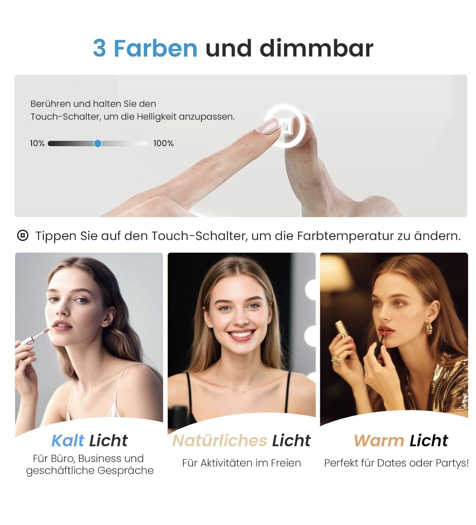Heilmetz kerek Hollywood sminktükör – beépített LED-világítás, dekoratív és funkcionális (fekete) - Image 5