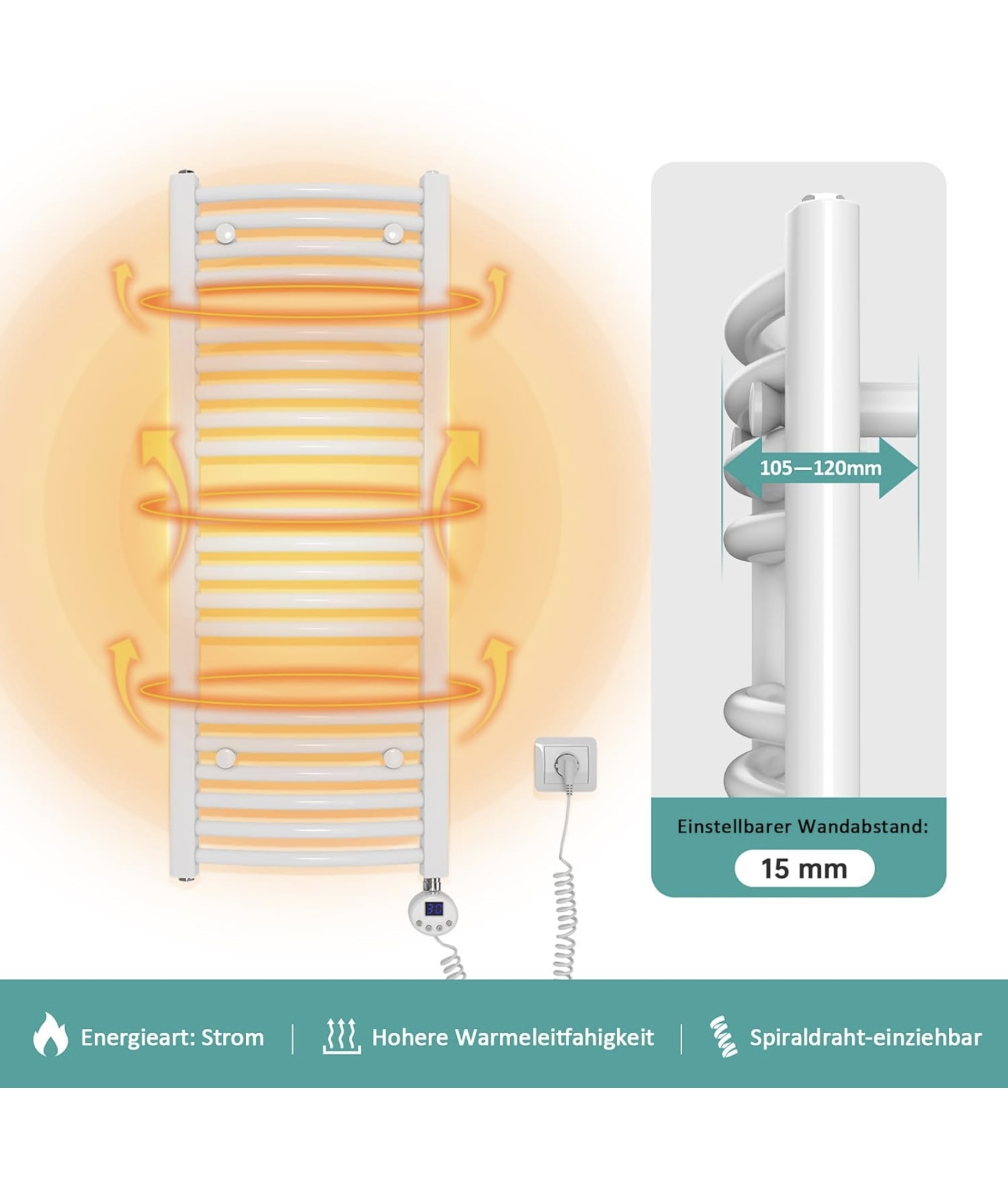 EMKE TR termosztátos fürdőradiátor 75 × 40 cm – meleg törölközők és stílusos fürdőszoba egyben (fehér) - Image 3