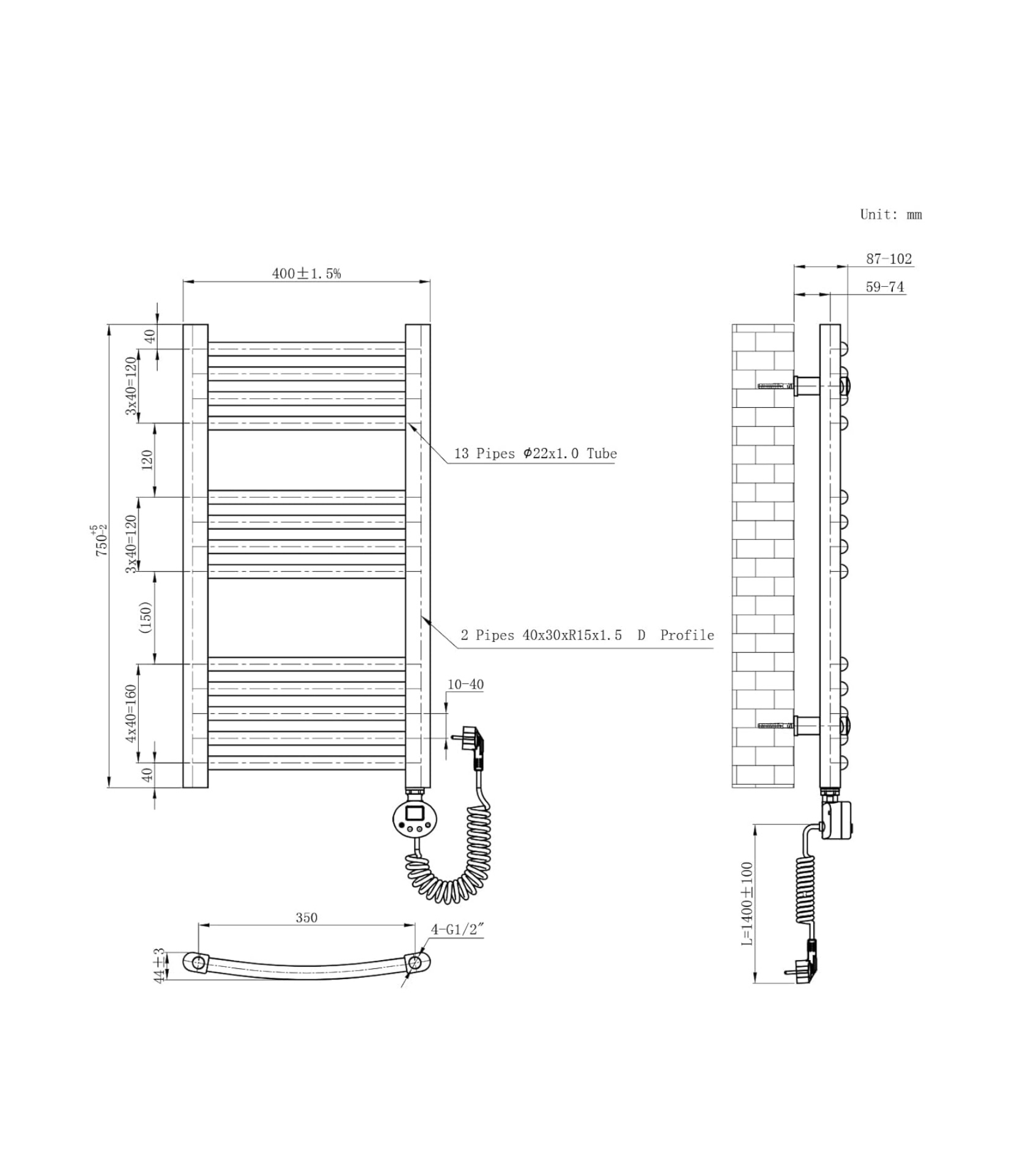 EMKE TR termosztátos fürdőradiátor 75 × 40 cm – meleg törölközők és stílusos fürdőszoba egyben (fehér) - Image 5