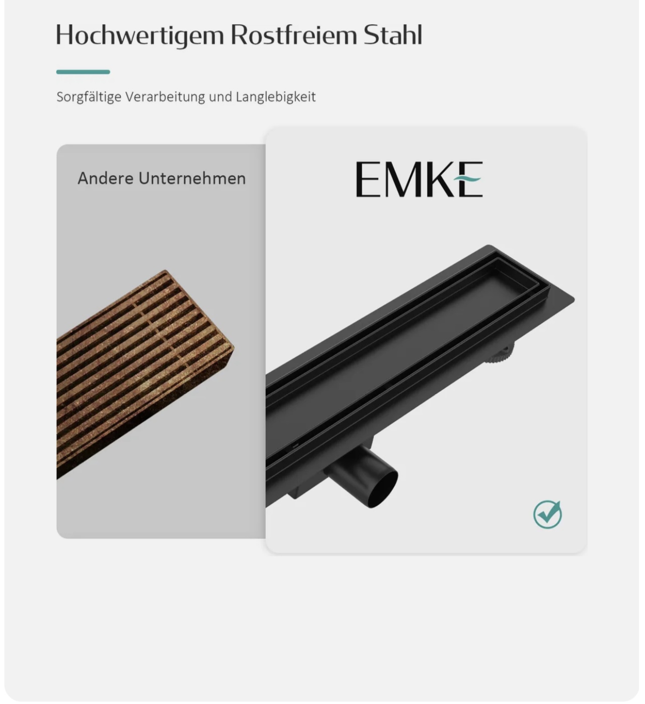 EMKE zuhanylefolyó 50 cm – Matt fekete, rozsdamentes acél, 2-az-1-ben dizájn - Image 2