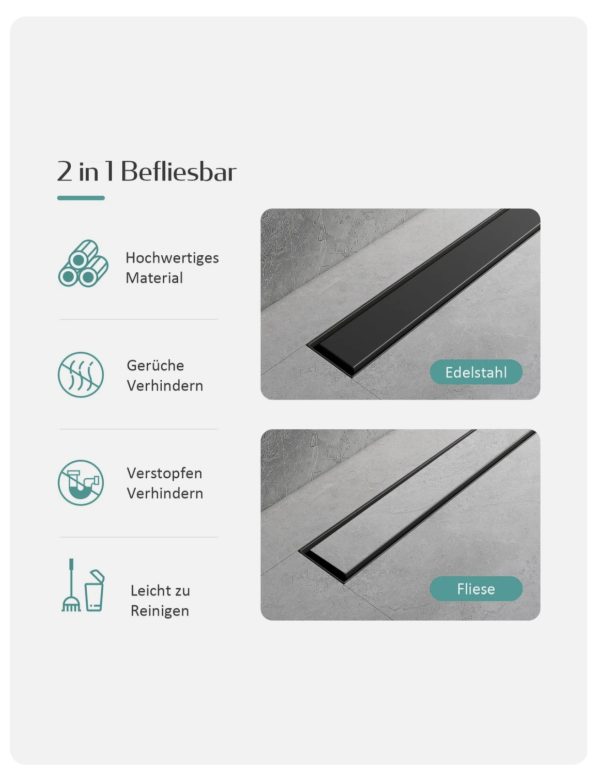 EMKE zuhanylefolyó 50 cm – Matt fekete, rozsdamentes acél, 2-az-1-ben dizájn - Image 3