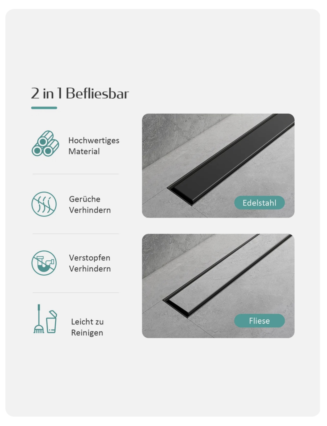 EMKE zuhanylefolyó 50 cm – Matt fekete, rozsdamentes acél, 2-az-1-ben dizájn - Image 3