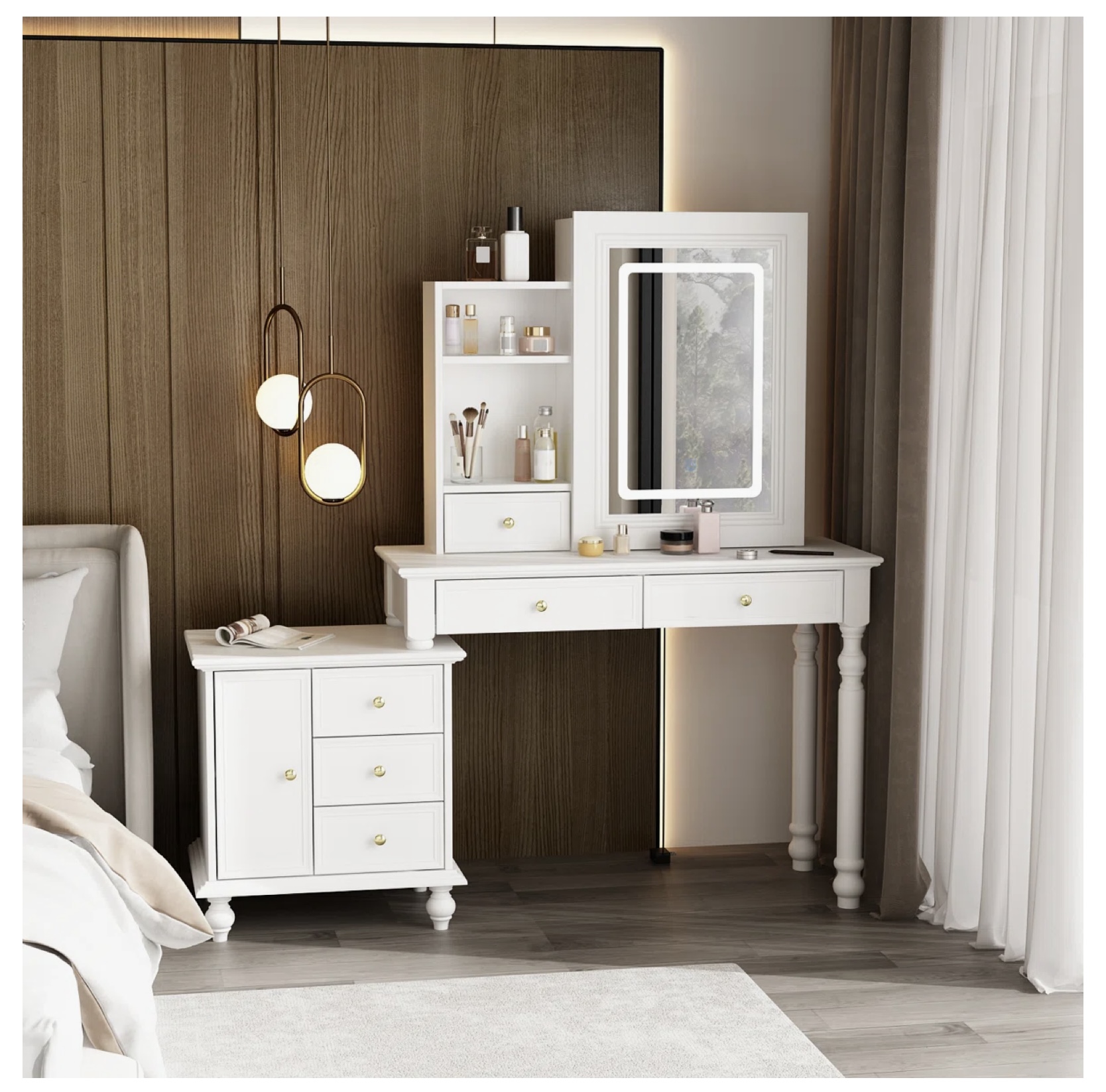 Ophelia & Co. Sminkasztal LED világítással és toló tükörrel - fehér - Image 2