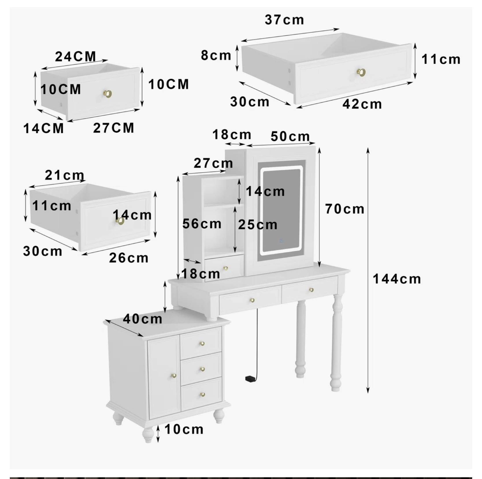 Ophelia & Co. Sminkasztal LED világítással és toló tükörrel - fehér - Image 7