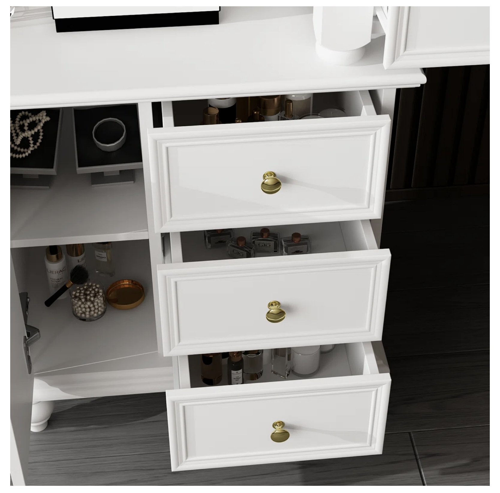 Ophelia & Co. Sminkasztal LED világítással és toló tükörrel - fehér - Image 4