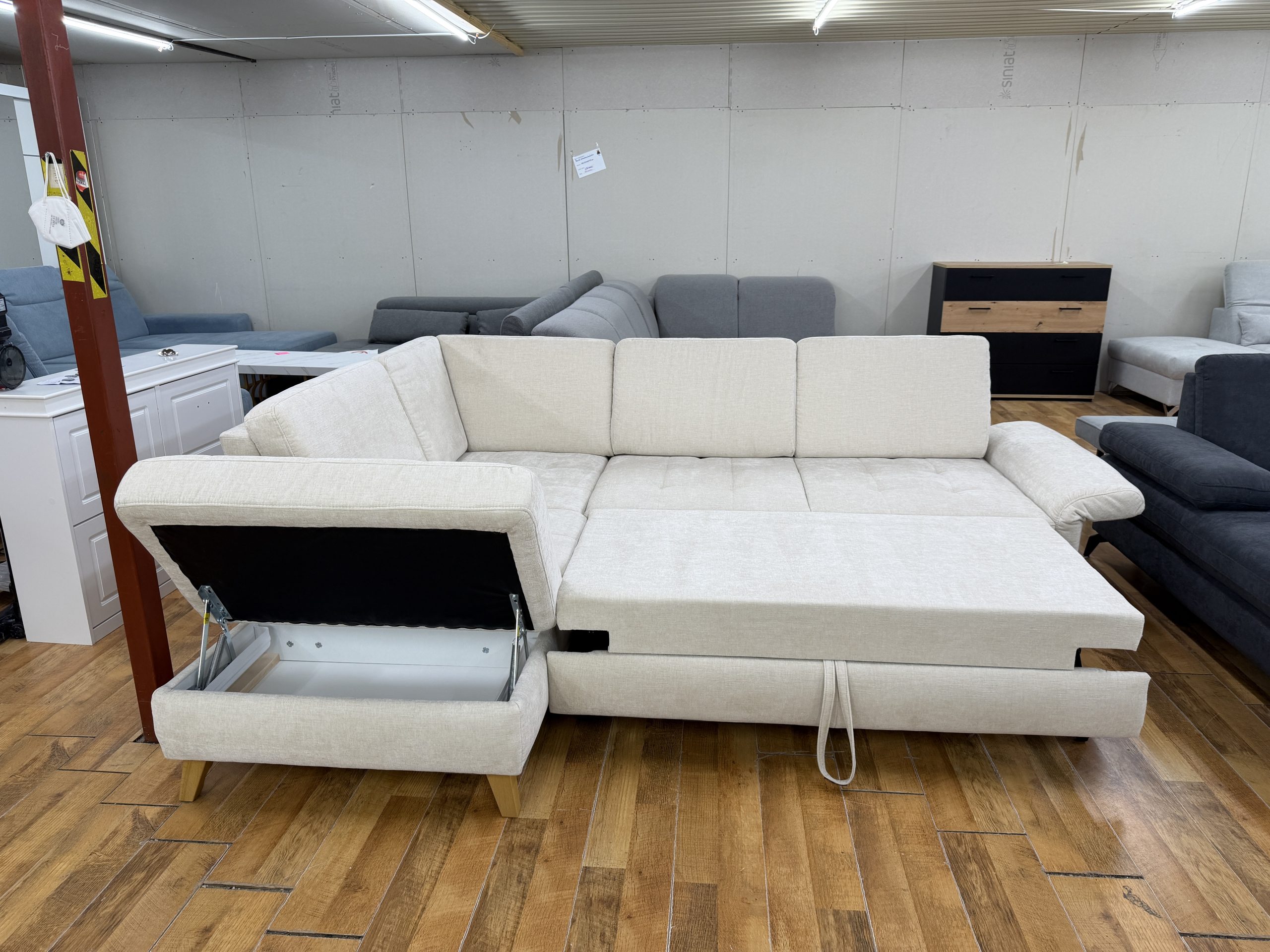 WESTHAM natúr bézs sarokkanapé – állítható ülésmélység, kihúzható ágyfunkció és ágyneműtartó - Image 9