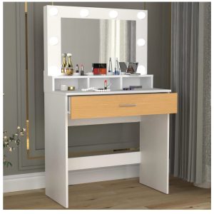 Kosmal sminkasztal tükörrel és világítással – klasszikus stílus, praktikus tárolással(tölgy fiók)