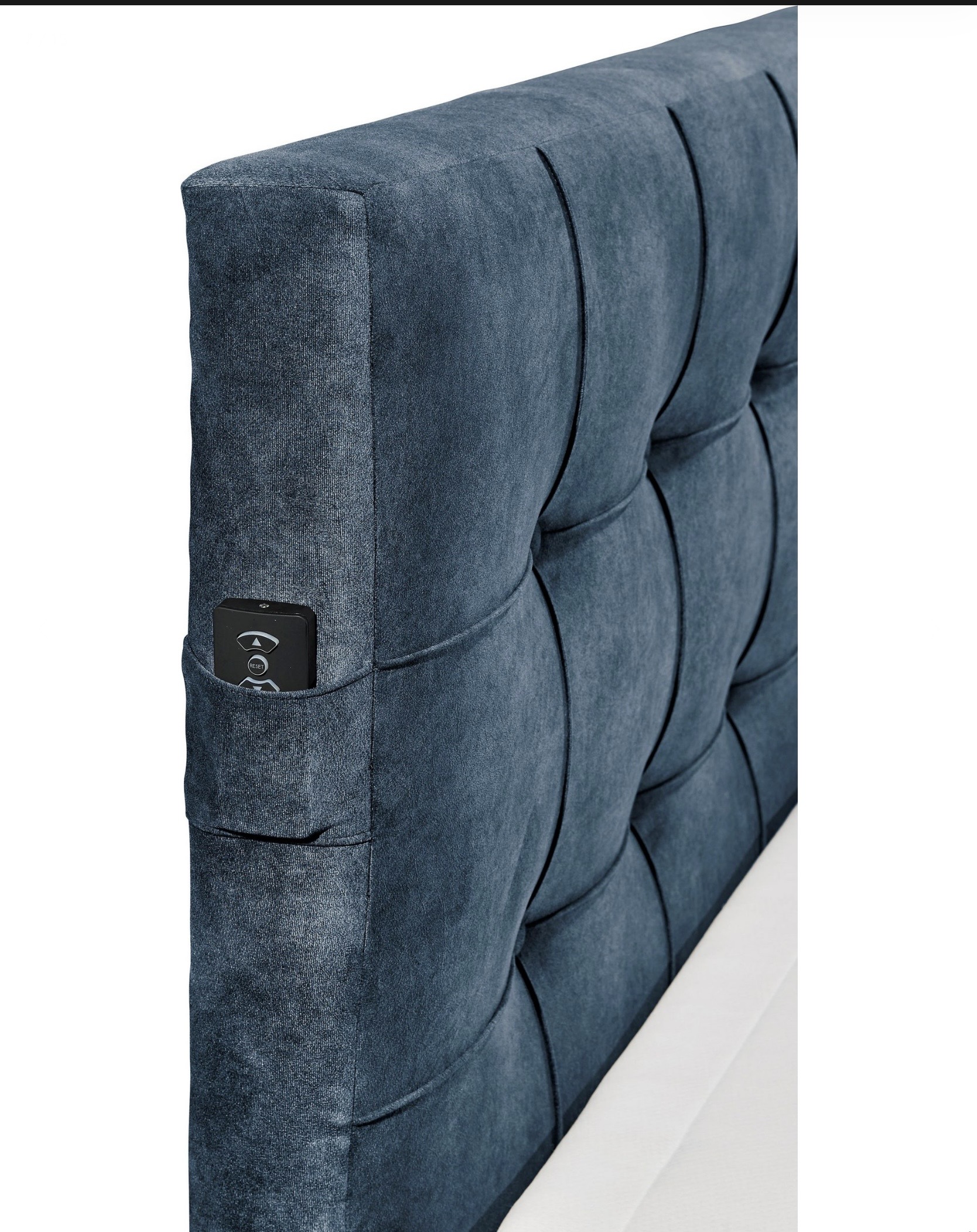 RICHMOND boxspring ágy – 120×200 cm – Holdfénykék – süllyeszthető TV-tartó + távirányító – ágyneműtartós - Image 7