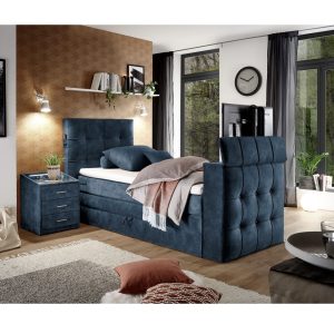 RICHMOND boxspring ágy – 120×200 cm – Holdfénykék – süllyeszthető TV-tartó + távirányító – ágyneműtartós