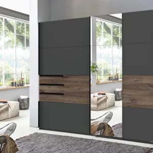 BAMBERG tolóajtós gardróbszekrény 180 cm – grafit / Flagstaff tölgy – tükrös ajtóval (X07765)