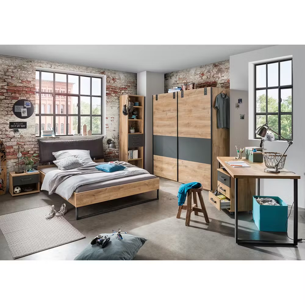 DUBLIN tolóajtós gardróbszekrény 180 cm Plank tölgy dekor / grafit – (J05771) - Image 3