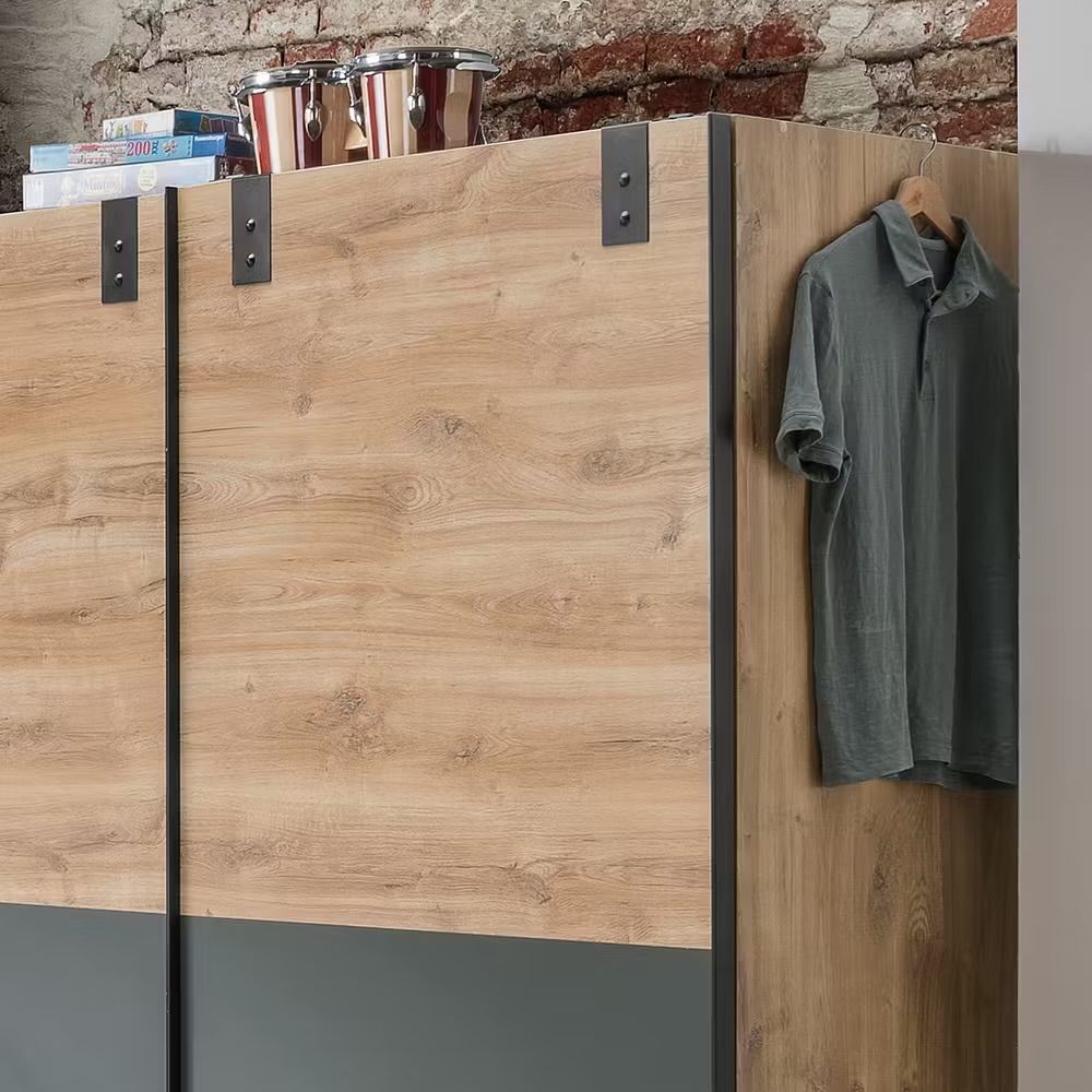 DUBLIN tolóajtós gardróbszekrény 180 cm Plank tölgy dekor / grafit – (J05771) - Image 4