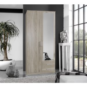 Osaka 90 cm 2 ajtós nyílóajtós gardróbszekrény – tölgy dekor, tükrös ajtóval + 2 fiókkal (112209)