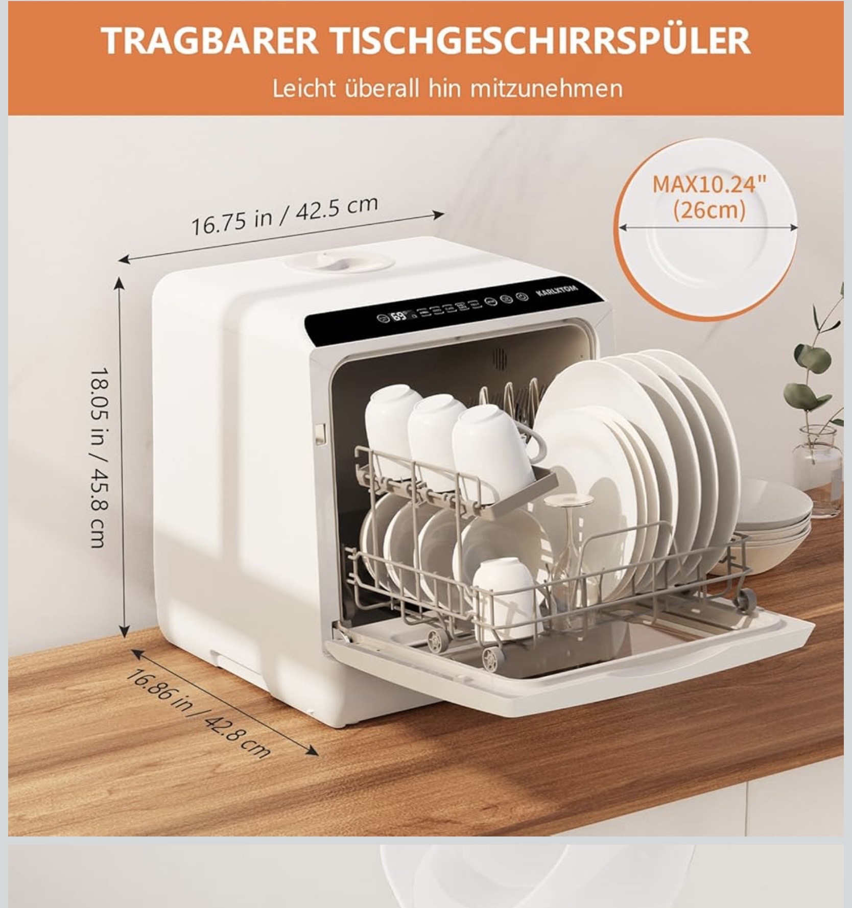 Karlxtom TDQR03A asztali mini mosogatógép – 4 terítékes, 5 literes beépített víztartály, 6 program, 950 W - Image 2