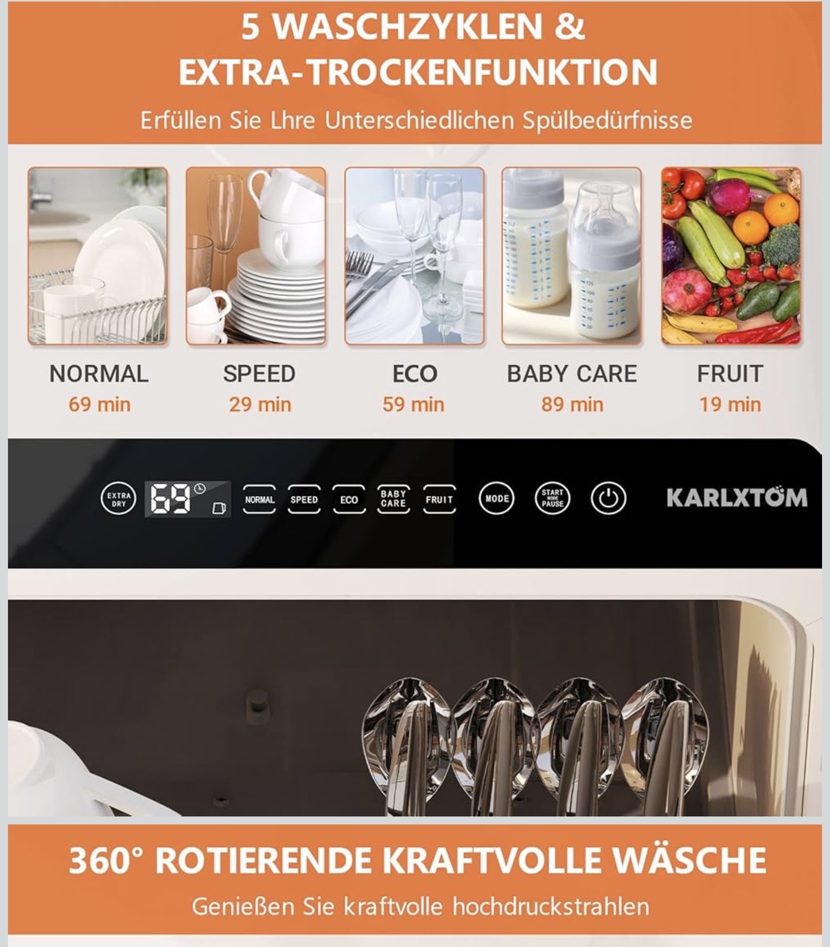 Karlxtom TDQR03A asztali mini mosogatógép – 4 terítékes, 5 literes beépített víztartály, 6 program, 950 W - Image 4