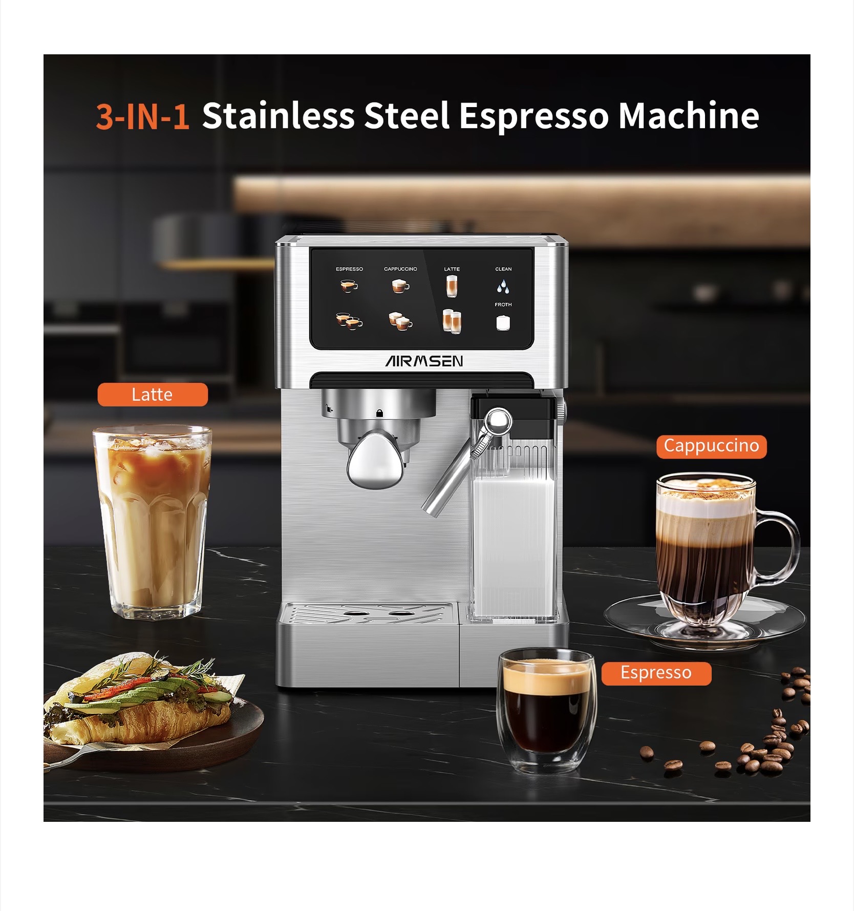 AIRMSEN BCM2308 automata cappuccino/latte eszpresszógép – ezüst, 20 bar, dupla bojler, érintőkijelző, 1,8 L (60 oz) víztartály - Image 2