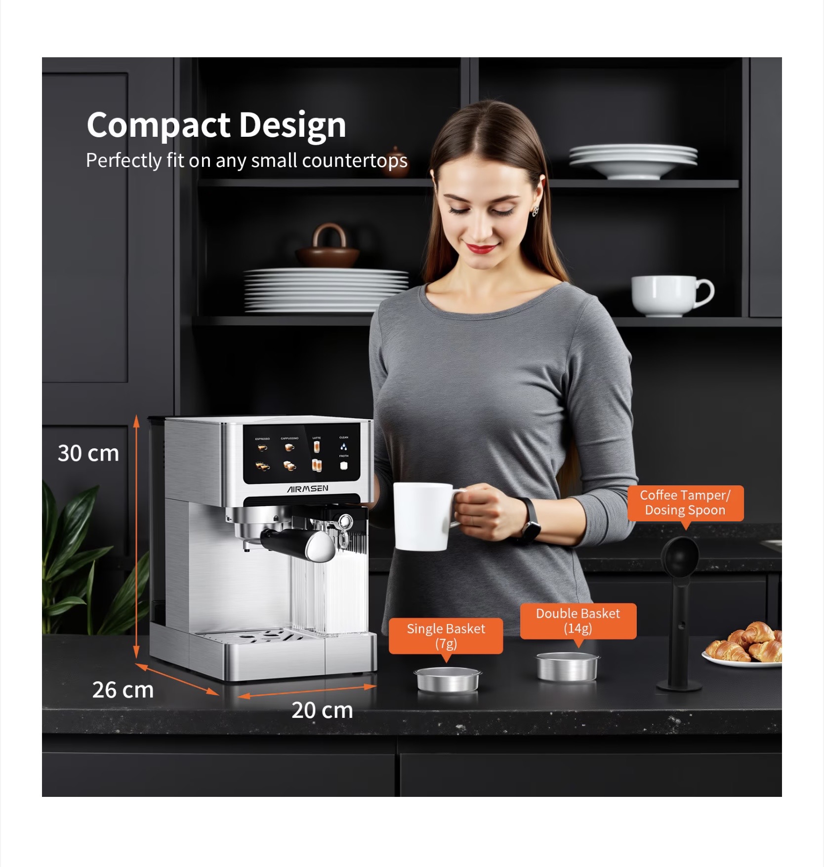 AIRMSEN BCM2308 automata cappuccino/latte eszpresszógép – ezüst, 20 bar, dupla bojler, érintőkijelző, 1,8 L (60 oz) víztartály - Image 8