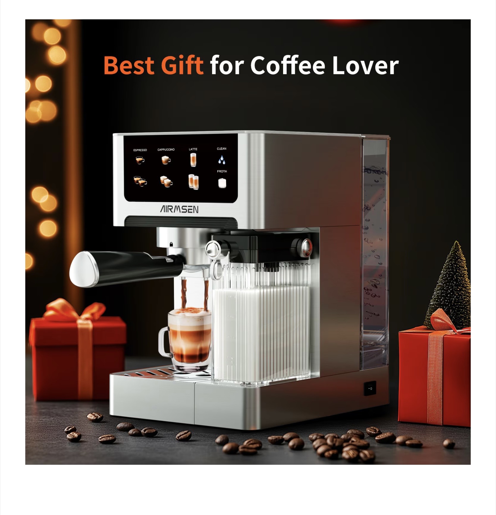 AIRMSEN BCM2308 automata cappuccino/latte eszpresszógép – ezüst, 20 bar, dupla bojler, érintőkijelző, 1,8 L (60 oz) víztartály - Image 9