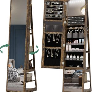 HOGA ékszerszekrény / ékszertartó tükör ,egész alakos tükörrel, LED világítással – 160 cm, rusztikus barna