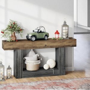 2 szintes farmhouse konzolasztal / előszobai asztal, rusztikus barna-szürke – (HOGA-RY0240)