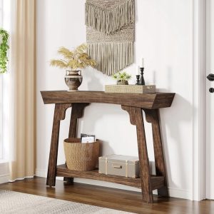 2 szintes előszobai konzolasztal, keskeny kialakítással, rusztikus barna színben – (HOGA-JW1012)