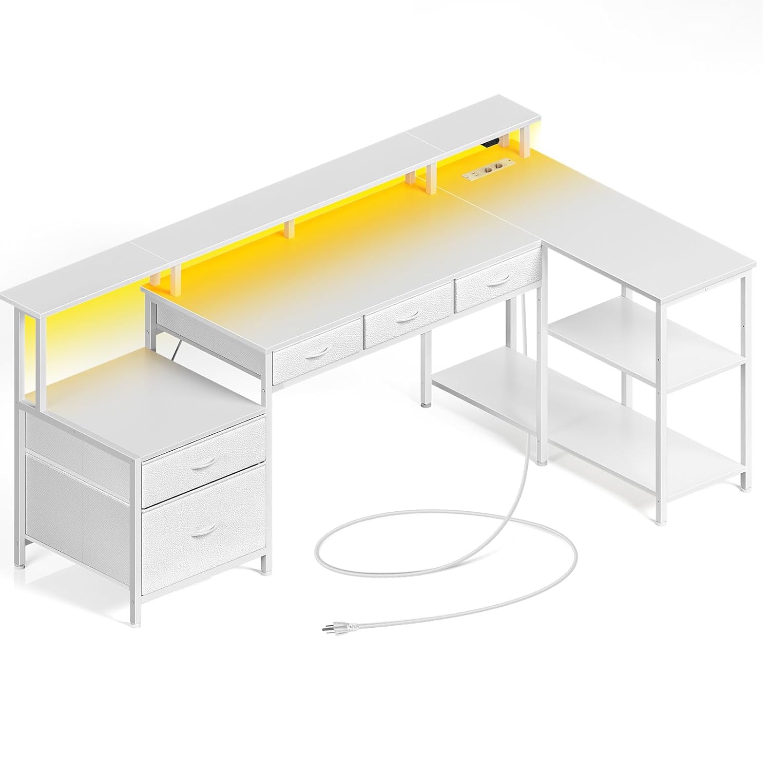 Rolanstar L alakú íróasztal fiókokkal, LED világítással és beépített csatlakozóval, fehér – (CPT043WE163-ST-EU) - Image 2