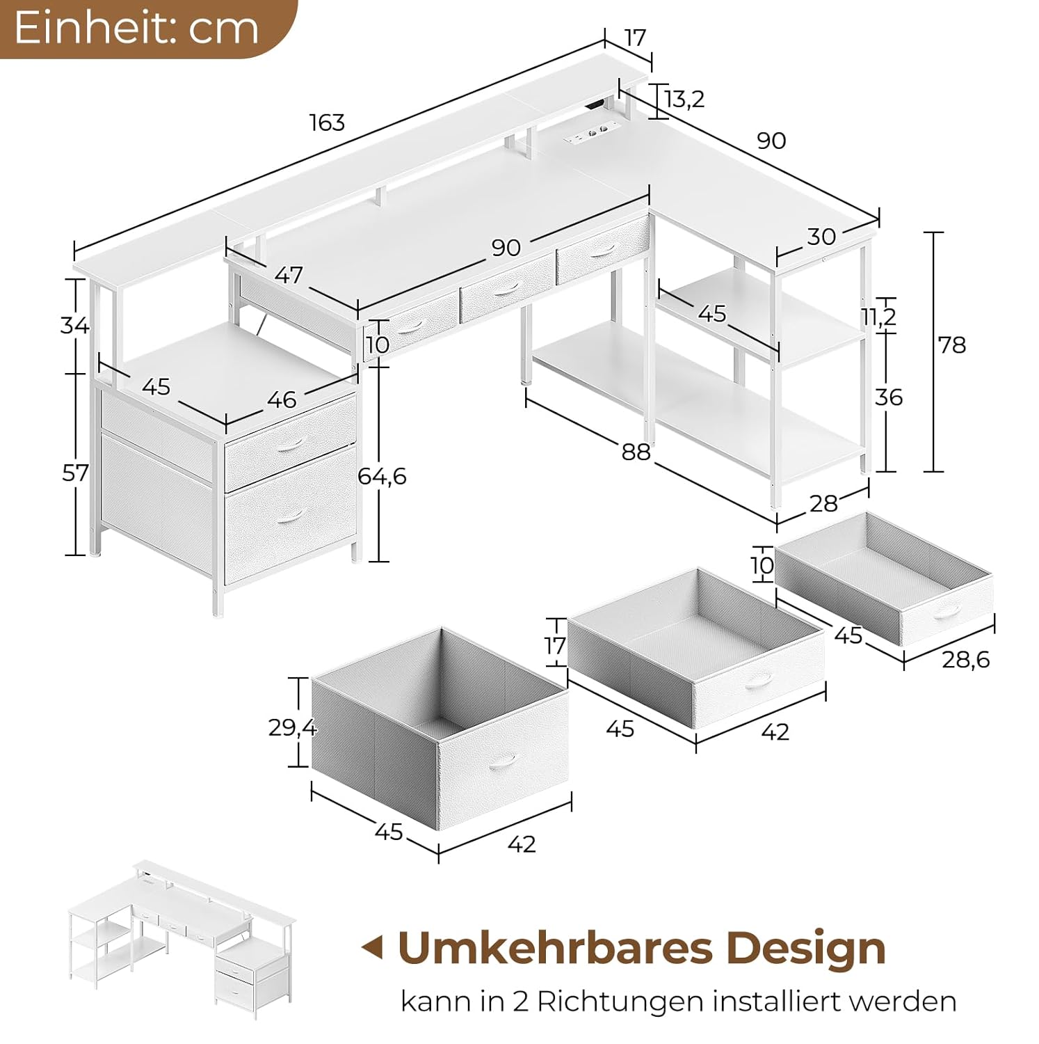Rolanstar L alakú íróasztal fiókokkal, LED világítással és beépített csatlakozóval, fehér – (CPT043WE163-ST-EU) - Image 3