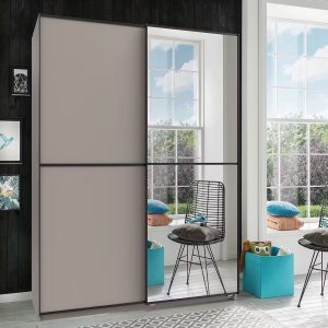 Ulm tolóajtós szekrény sahara szürke színben, tükrös ajtóval, 135 cm – X20