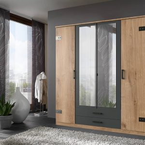 Cork nyílóajtós szekrény 180 cm, plank tölgy–grafit színben, tükrös ajtókkal – T25