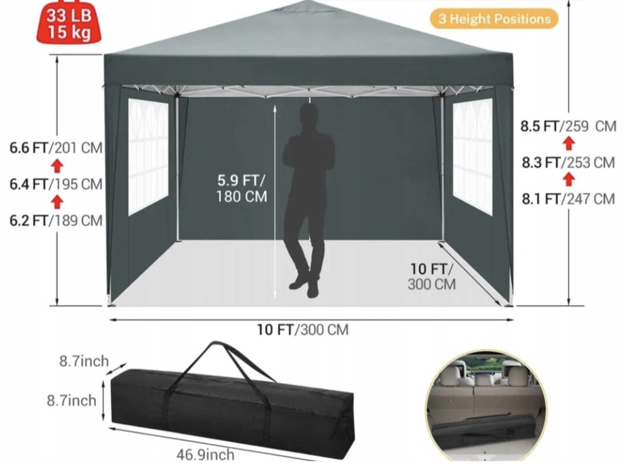 3x3 m-es, Fekete "Pop-Up" Kerti Pavilon / Party-sátor Oldalfalakkal - Image 6
