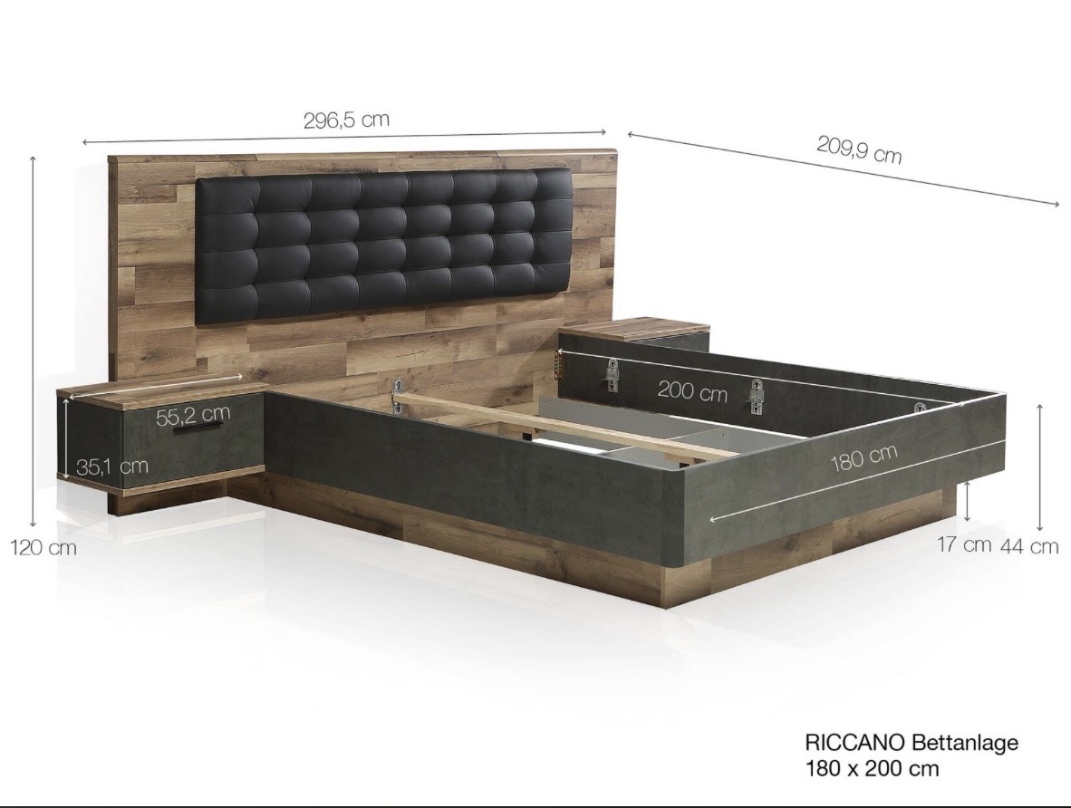 Rhodos I franciaágy hozzáépített éjjeliszekrényekkel, tölgyfa hatású és sötétszürke betonhatású kivitelben, 180x200 cm - Image 4