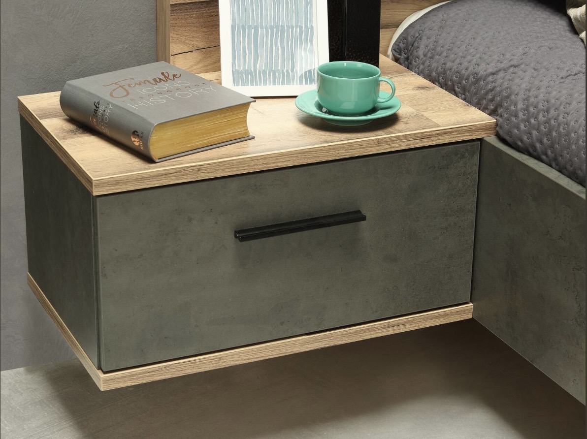 Rhodos I franciaágy hozzáépített éjjeliszekrényekkel, tölgyfa hatású és sötétszürke betonhatású kivitelben, 180x200 cm - Image 5