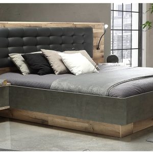 Rhodos I franciaágy hozzáépített éjjeliszekrényekkel, tölgyfa hatású és sötétszürke betonhatású kivitelben, 180x200 cm