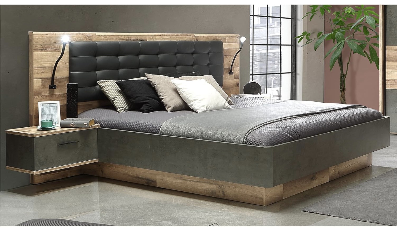 Rhodos I franciaágy hozzáépített éjjeliszekrényekkel, tölgyfa hatású és sötétszürke betonhatású kivitelben, 180x200 cm