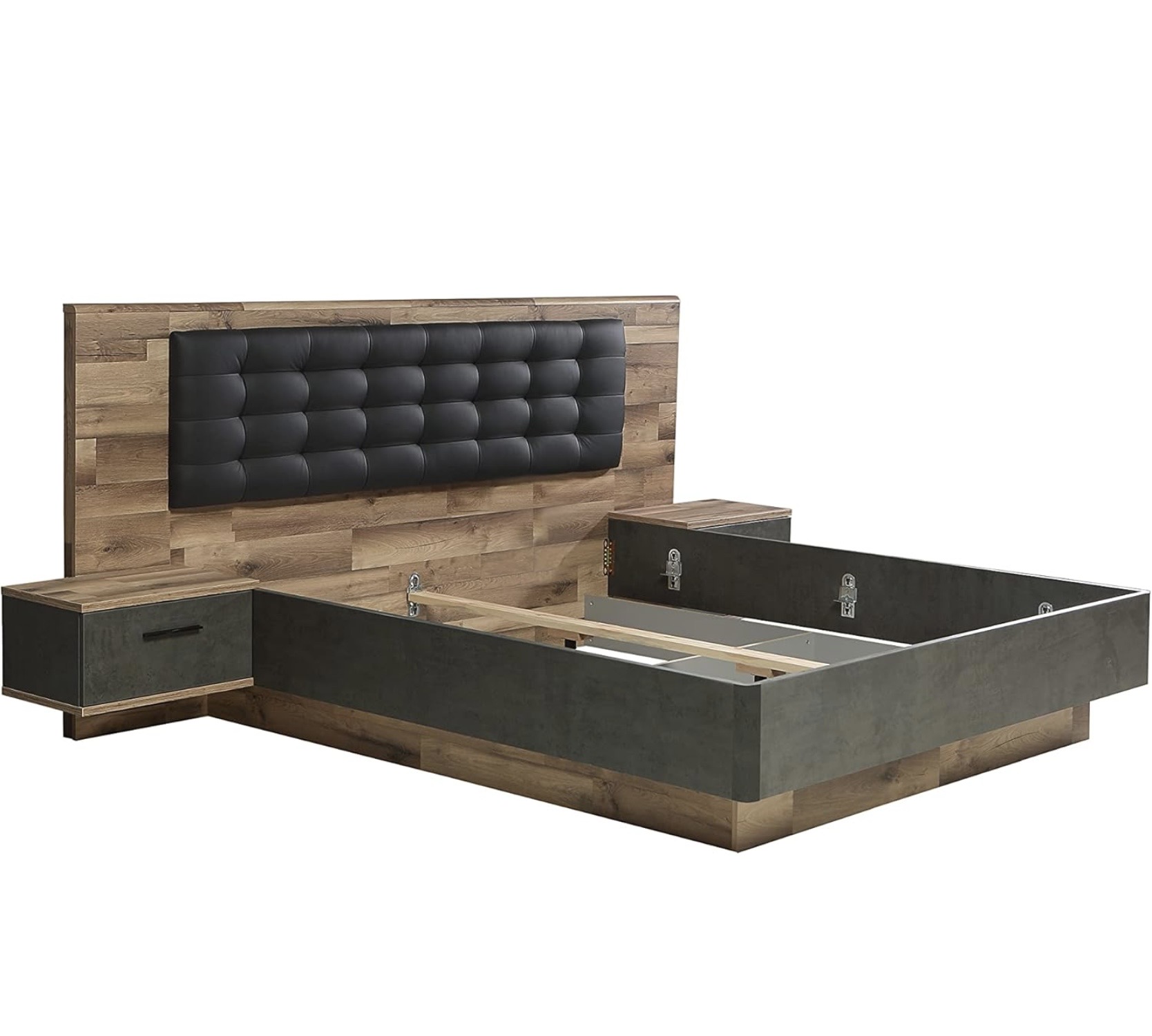 Rhodos I franciaágy hozzáépített éjjeliszekrényekkel, tölgyfa hatású és sötétszürke betonhatású kivitelben, 180x200 cm - Image 3